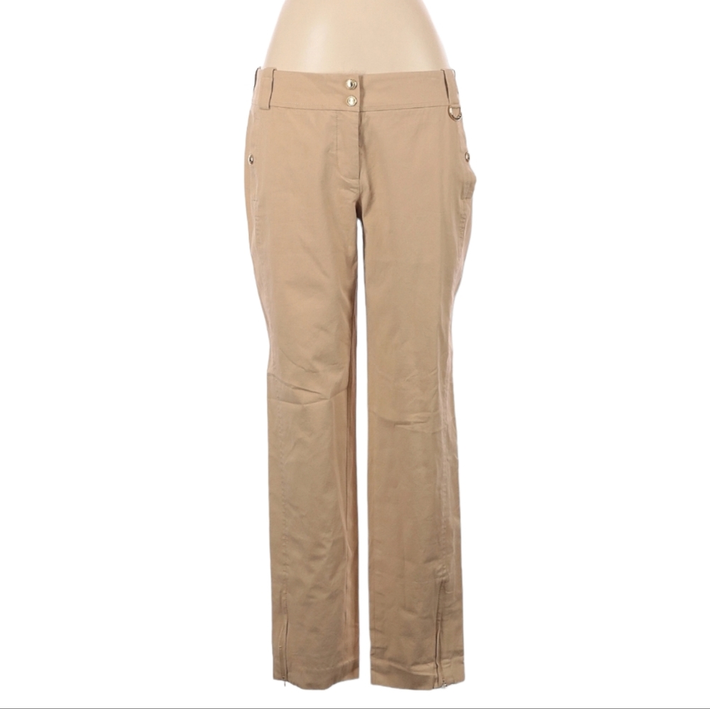 Magaschoni Straight Leg Pants Size 8 Tan Khaki Gold Accents Pockets Ankle Zipper